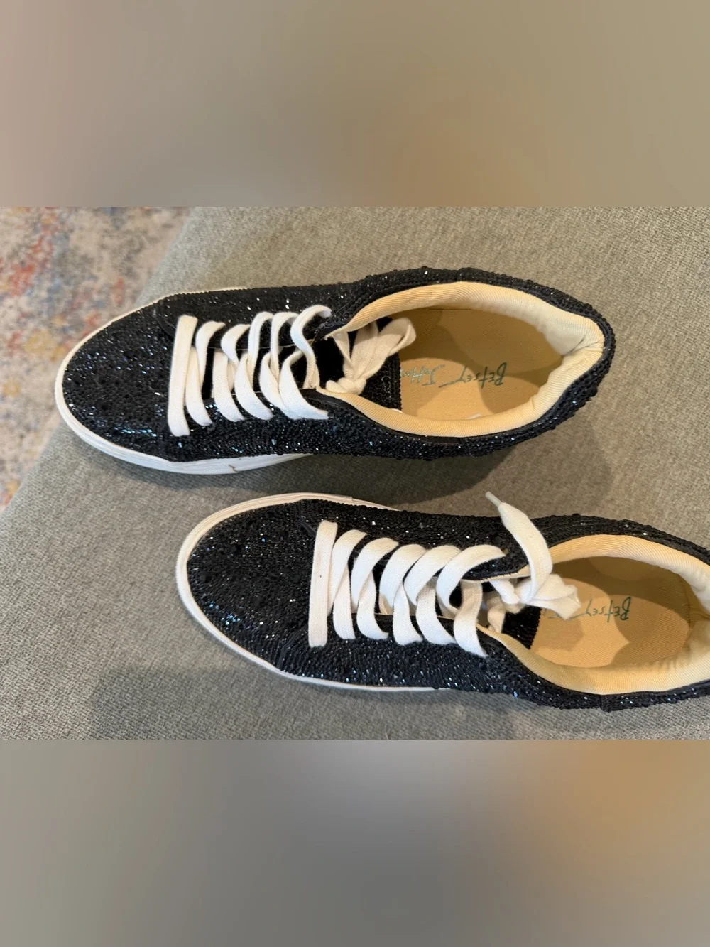 Betsey Johnson Black Glitter Lace-Up Sneakers with White Soles